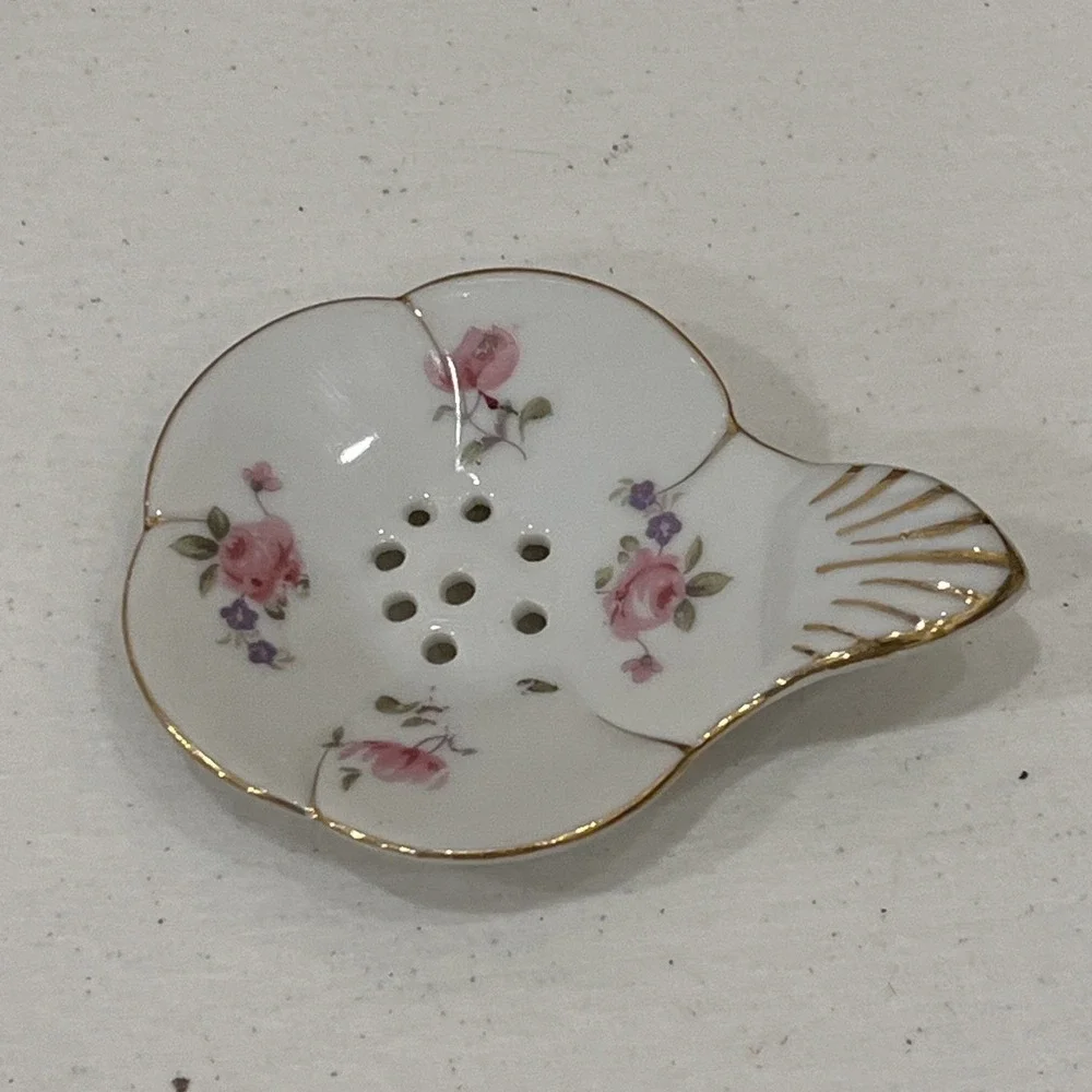 Small Bone China Tea Strainer Crown Staffordshire England Pink Roses Unmarked